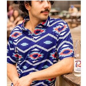 Raised By Coyotes Santa Fe Polo Shirt Men 2XL Blue Southwestern Performance Golf